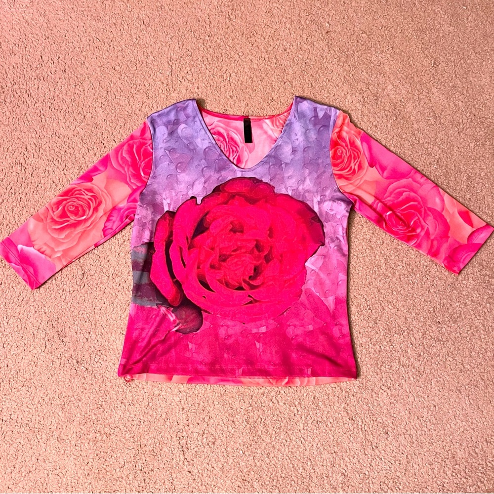 Vintage 90s y2k digital rose print 3/4 sleeve top